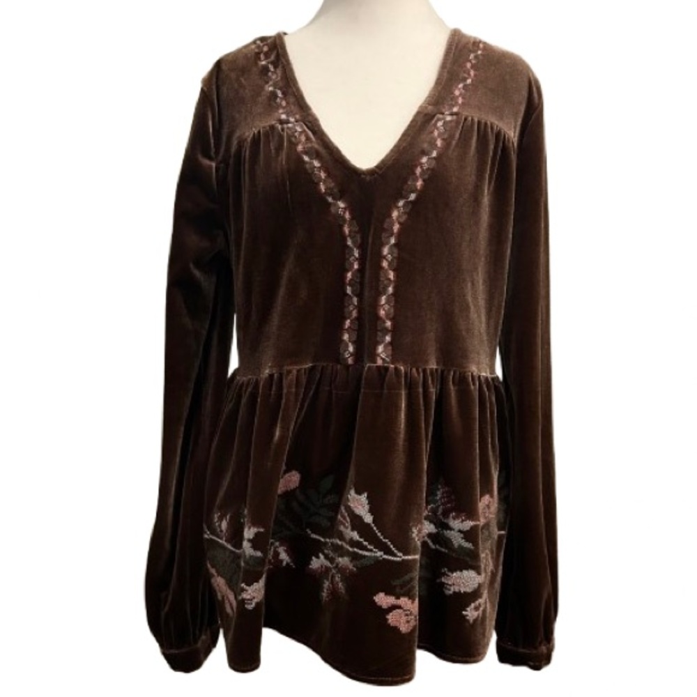 Dark Fairycore Brown Velvet Peplum Top Floral Embroidered Peasant Blouse Size S